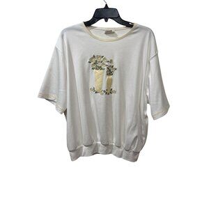 BonWorth White Floral Embroidered Grannycore Top With Yellow Accent Trim XL